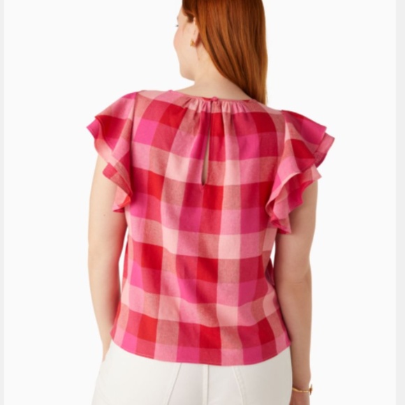 KATE SPADE PICNIC WOVEN FLUTTER-SLEEVE TOP LINEN BLEND DEEP HIBISCUS MULTI  L - Picture 3 of 15